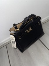 Michael Kors Reed Small Logo Belted Satchel CZ Crossbody Bag Leather Black