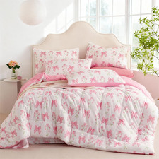 Pink Bow Queen Comforter Set 3Pcs Floral Bedding for Girls with Pillowcases