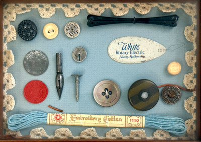 Vintage Shadow Box Framed Buttons Victorian Sewing Notions Lace OOAK 7.5'' x 5.5''