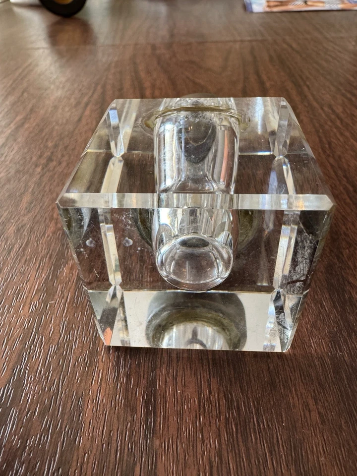 Tintero de cristal Montblanc vintage - base de cubo pesado, tapa de latón con bisagras - raro Foto 4 de 4