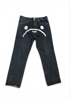 Vtg Y2K A Bathing Ape BAPE Sad Face Denim Jeans Relaxed Baggy Fit Japan Made XL