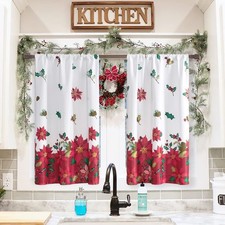 Short Christmas Curtains for Kitchen Windows,Farmhouse Poinsettia Blackout Bu...