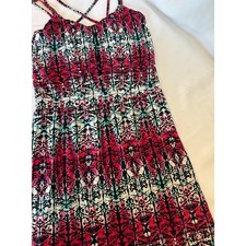 Pink Teal Maxi Dress Womens Medium Abstract Aztec Print Cross Back Side Slit