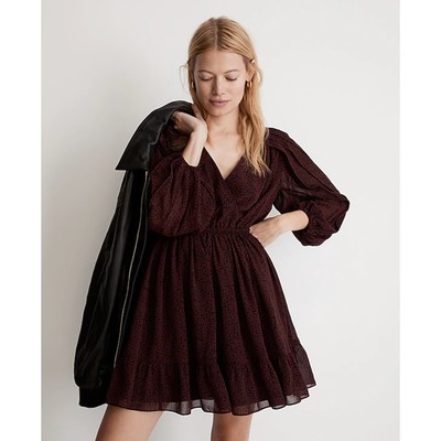 MADEWELL (Re)sourced Georgette Faux-Wrap Mini Dress Cabernet Maroon Black {QQ41}