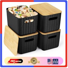 4 Pack Stackable Storage Bins with Bamboo Lids Plastic Organizer Containers B...