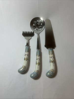 Sheffield Prill Floraine HPR9 Porcelain Handled Serving Set Spoon, Fork, Knife