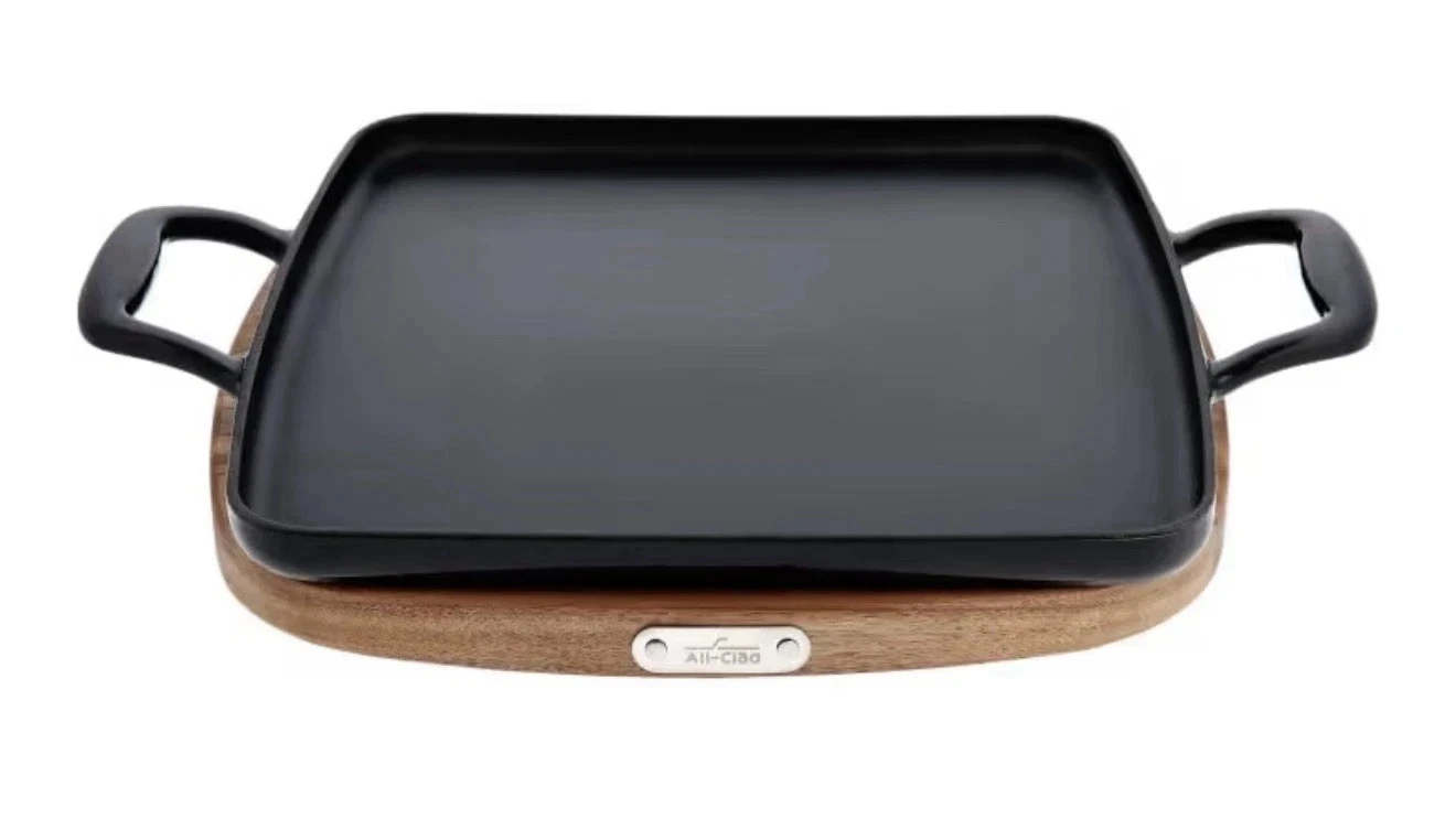 All-Clad Cast Iron 11" Square Grill Enameled with Acacia Wood