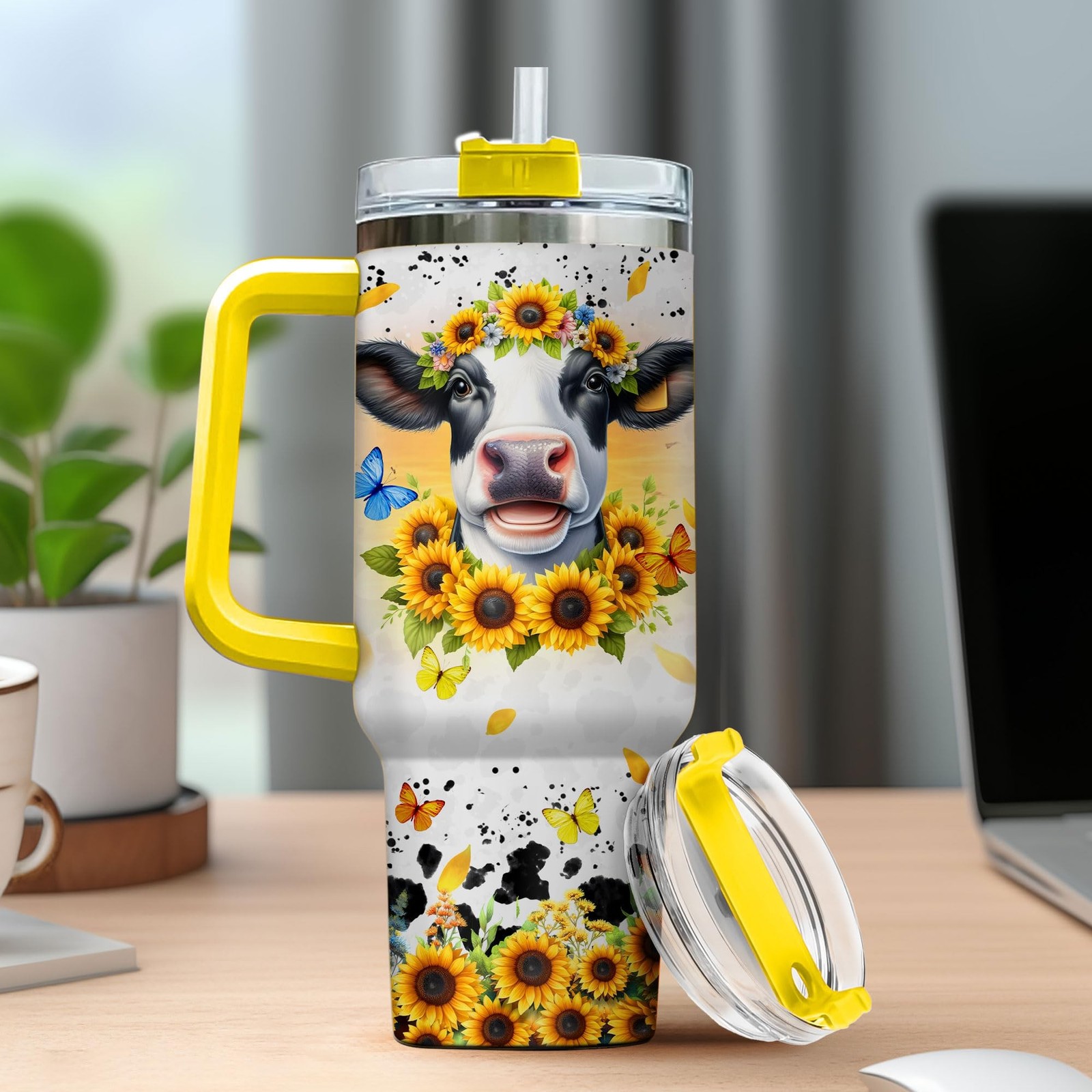 Handle Yellow Modern Simple Cows Glitter Print Cups Butterfly Cup Stainless S...