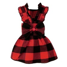 Dog Princess Dresses Plaid Clothes with Bowtie Cat Christmas Medium, Red