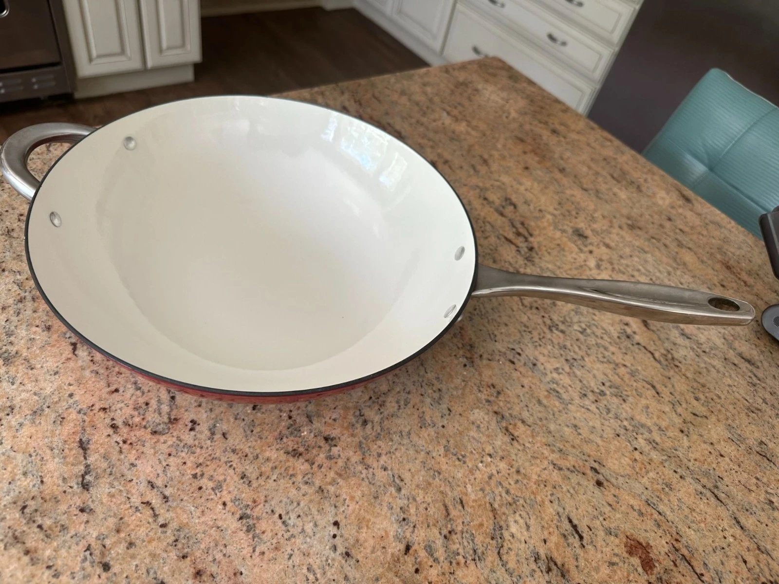 Wolfgang Puck red enameled wok with new wok strainer