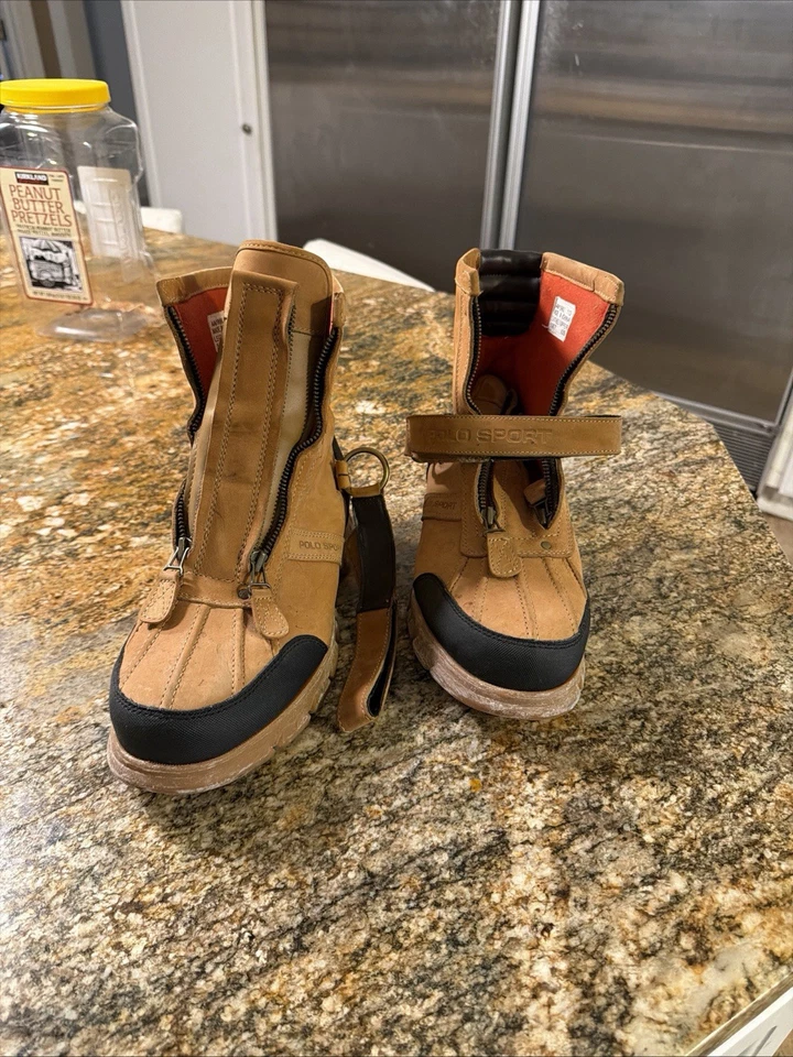 Botas Polo Deportivas Beige y Marrón Talla 11 Cremalleras Delanteras Cuero Superior De Colección Foto 3 de 4