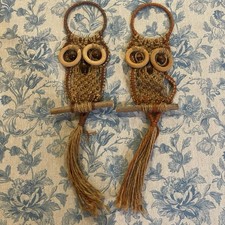 Vintage 70s Macrame Owl Wall Hanging Pair   Boho Jute Towel Holder Decor