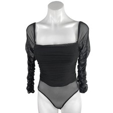 Princess Polly Delany Black Long Sleeve Ruched Square Neck Sheer Bodysuit Top 4