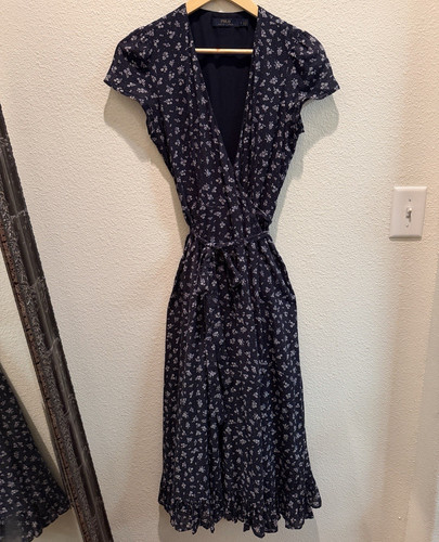 Polo Ralph Lauren Navy White Floral Cotton Wrap Midi Dress Sz 2