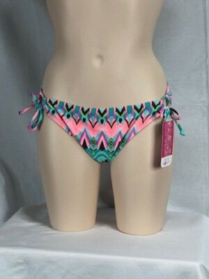 Women's NWT Hula Honey Pink Multi Geo-Print Side-Tie Hipster Bikini Bottom