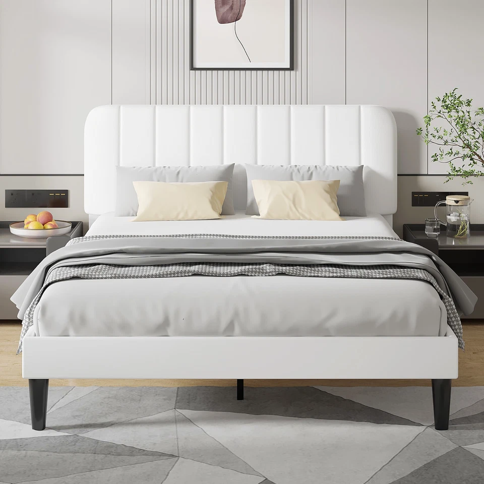 Marco de cama doble/completo/queen plataforma tapizada de terciopelo con cabecero listones de madera Foto 4 de 4