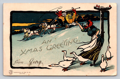 Postcard c1905 Stage Coach Horses Woman Geese Christmas  P812
