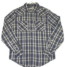 LEVIS Men's Medium Blue Plaid Pearl Snap Red Tab Long Sleeve Western Shirt