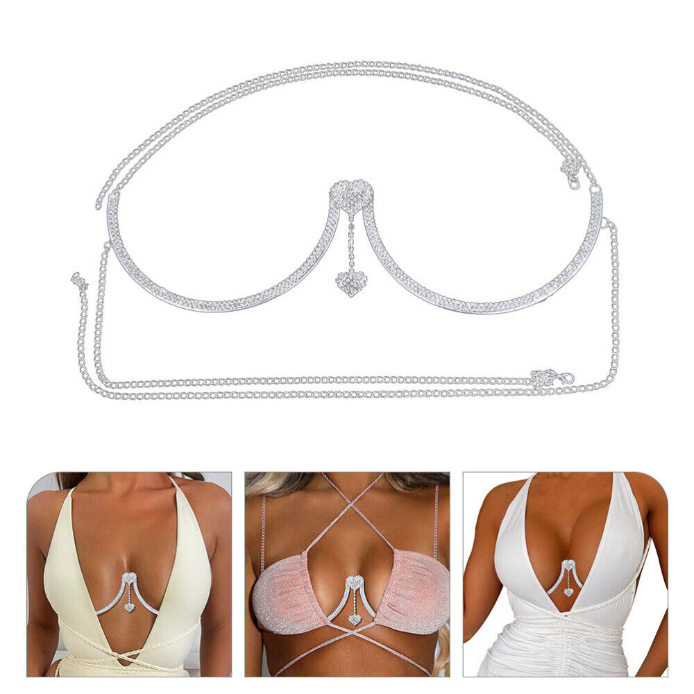 Bling Rhinestone Love Heart Chest Chain Harness Bra Necklace For