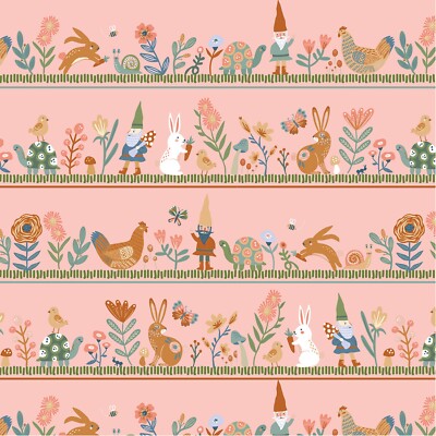 Poppie Cotton Fabric ~ Hide & Seek Honey I'm Gnome Border Stripe Pink (HS23406)