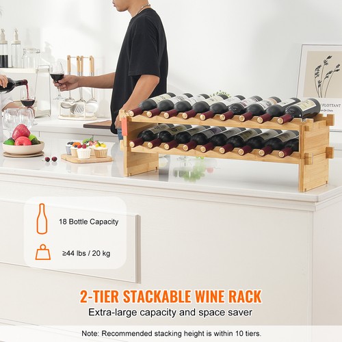 Uimoso 18 Bottle Stackable Modular Wine Rack Bamboo Wood Display Shelf 2-Tier - Picture 2 of 12