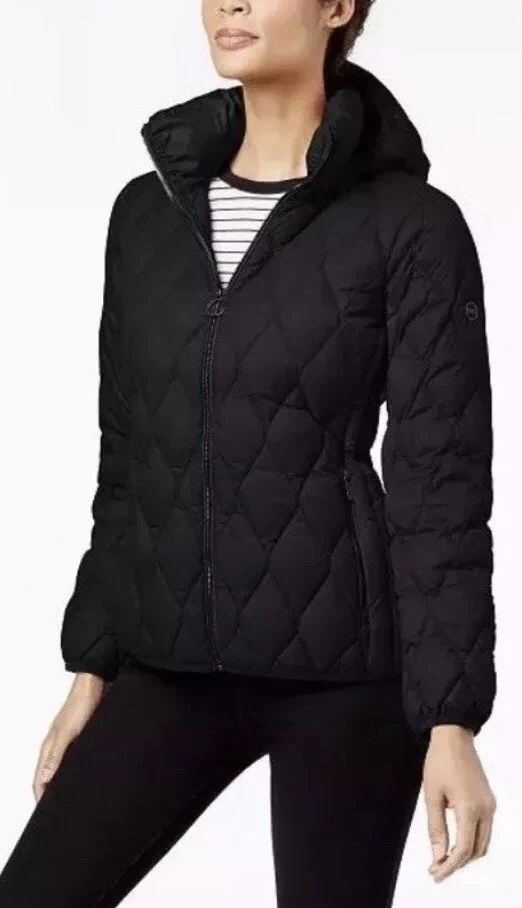 Giacca Michael Kors ultraleggera cappuccio imbottito piumino impacchettabile nero PXS $190