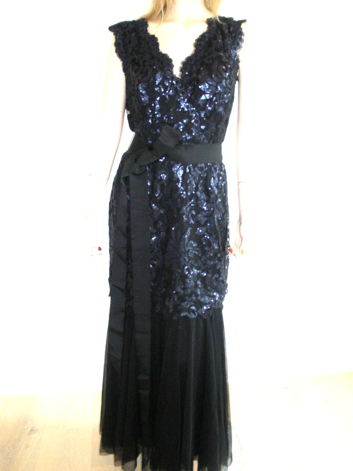 PRECIOSO VESTIDO TADASHI SHOJI LENTEJUELAS ENCAJE Y TUL AZUL MARINO, NEGRO, VESTIDO TALLA 12/14 Foto 2 de 4