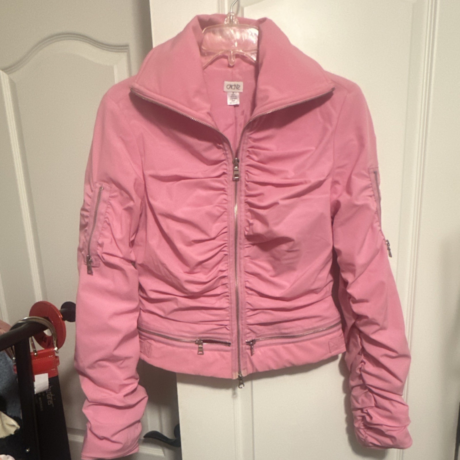 Caché Pink Ruched Zip-Up Collared Jacket, Zippere… - image 1