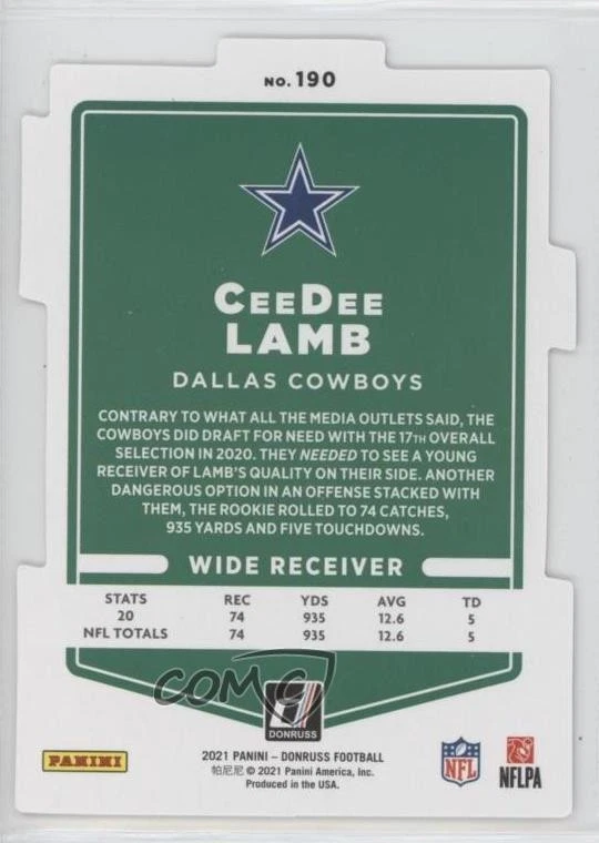 2021 Panini Donruss Press Proof Silver Die-Cut /75 CeeDee Lamb #190 - Image 2 of 2