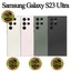 Samsung Galaxy S23 Ultra in white, pink, green, and black with rear cameras, gold badges for shipping, warranty, and quality.