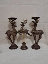 Melrose International Christmas Reindeer Glitter Bronze Candle Holders Statue 