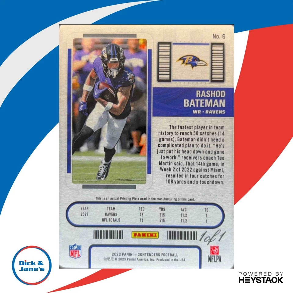 2022 Contenders Rashod Bateman Printing Plate Black 1/1 #6 Season Ticket Ravens - Image 2 of 4