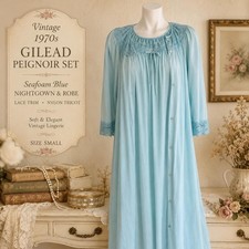 Vintage 1970s Gilead Peignoir Set Custom Seafoam Blue Nightgown Robe Lace Trim S