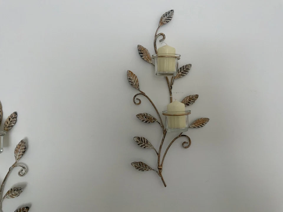 Metal leaf candle sconces pair distressed gold with glass candle holders - Image 3 of 4