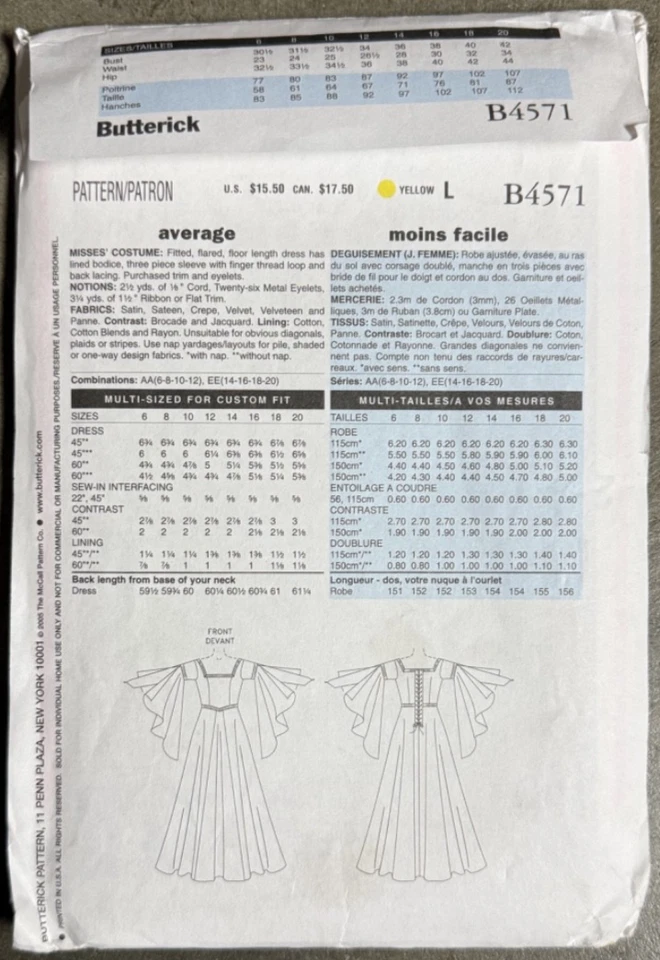 Butterick Pattern B4571 Costume Renaissance Medieval AA 6-8-10-12 *UNCUT* - Image 2 of 4