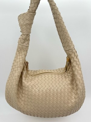Melie Bianco Faux Leather Woven Shoulder Bag Beige Women Purse Crescent Light