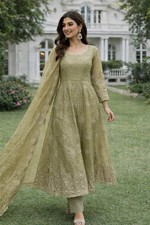 Presenting Gold Crush Silk Green Gown Bottom With Dupatta For Traditional Wear