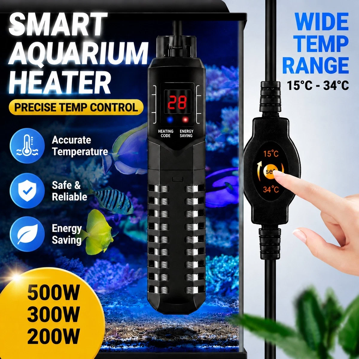 500W Aqua Fish Tank Thermosafe LCD Digital Submersible Aquarium Water Heater