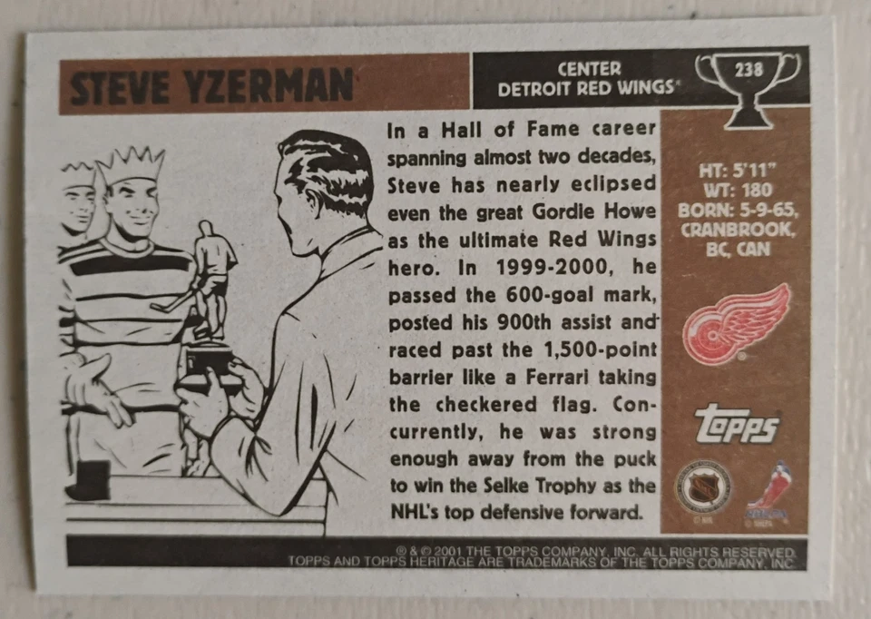 00 01 TOPPS HERITAGE STEVE YZERMAN AWARD WINNERS #238 SELKE TROPHY - Image 2 of 2