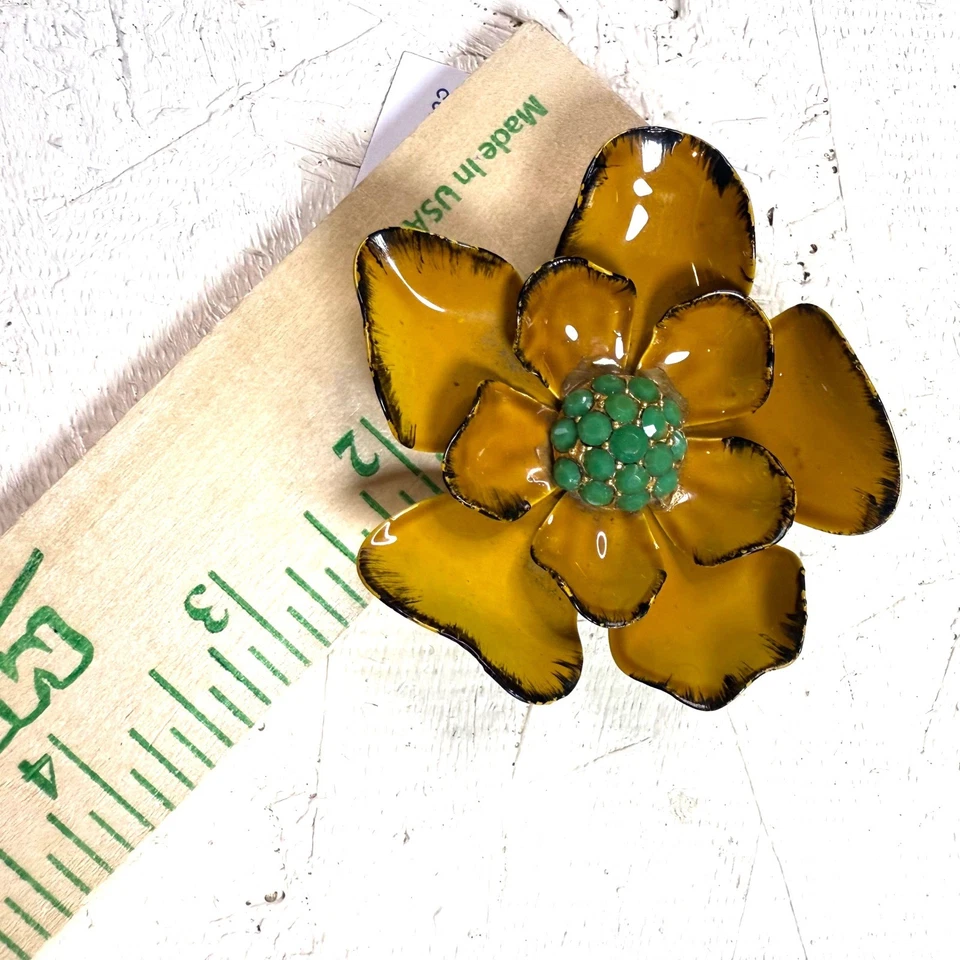 Vintage Enamel Flower Brooch Pin Yellow Green Gemstone Center Statement Floral - Image 2 of 4