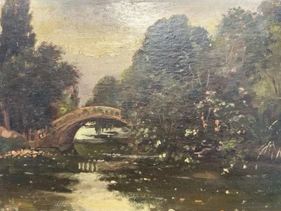 École française Peinture ancienne paysage parc rivière pont huile sur panneau - Photo 1/4