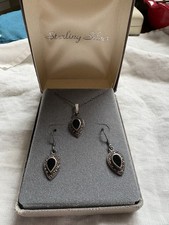 925 Sterling Silver Teardrop Black Onyx Pendant & Dangle Earrings Set