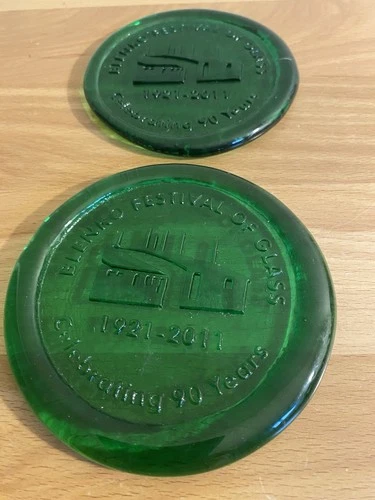 Blenko Glass 90th Anniversary Green Glass Set Of 2 Paperweight