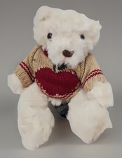 Vintage Russ Berrie Teddy Bear White Plush Heart Sweater Valentine Collectible