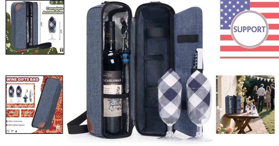 Bolsa enfriadora de vino aislada ALLCAMP - Juego completo de picnic para amantes del vino en azul Foto 2 de 4