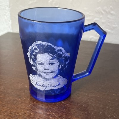Hazel-Atlas Shirley Temple Vintage 1930s Cobalt Blue Glass Cup Mug 3 5/8'' Tall