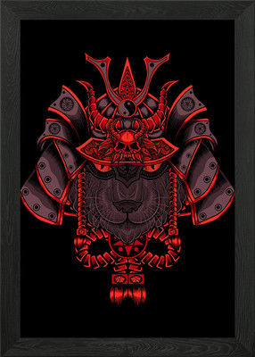 Katzengesicht Samurai Helm gerahmtes Wandbild Poster Leinwanddruck Bild
