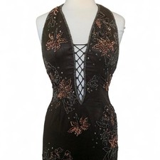 90s Vintage Brown 100% silk Beaded Corset Lace Up Halter Open Back Formal Dress