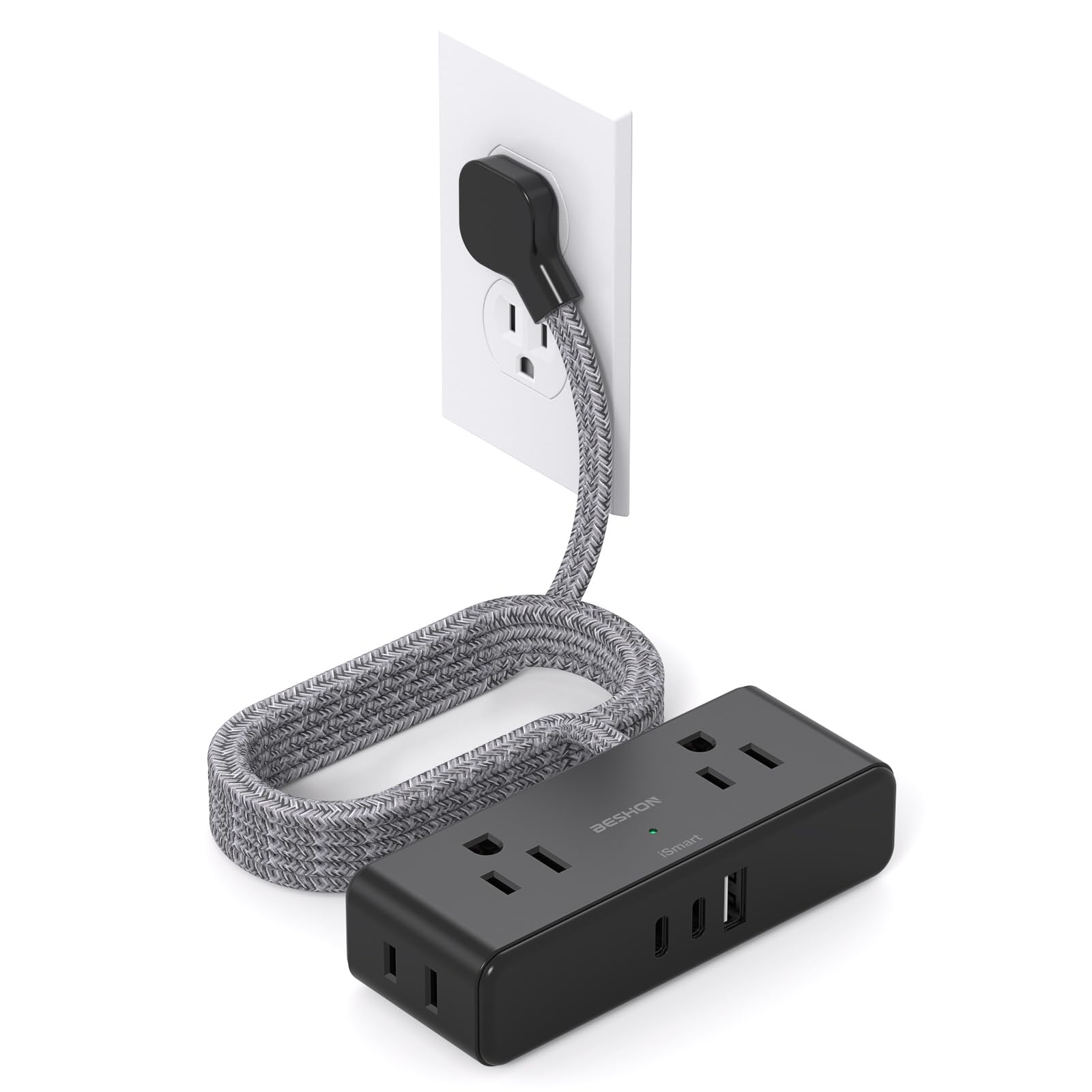 Flat Extension Cord 6 feet Flat Plug Power Strip 4 Widely Outlets with 3 USB ...