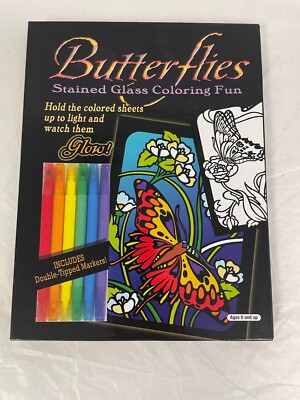 *NEW* Butterflies Stained Glass Coloring Fun Book w/Db Tipped Markers Ed Sibbett